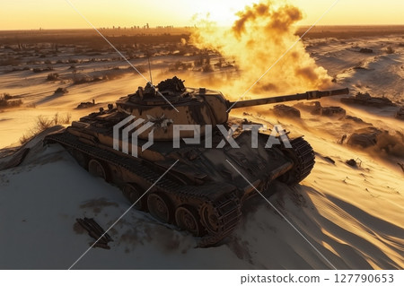 Rusted tank half-buried in a sandy desert, glowing orange sunset 127790653