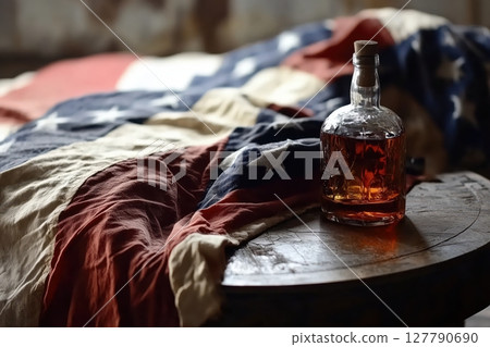 A bottle of whisky is on the table. USA flag 127790690