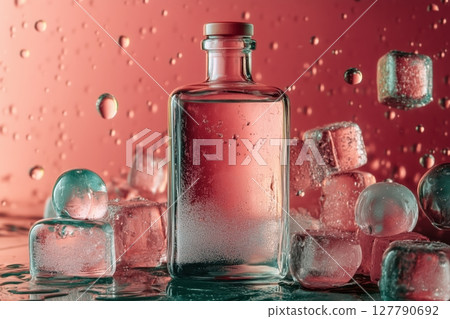 A bottle nestled amongst sparkling ice cubes 127790692