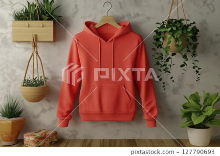 A unisex hoodie on a hanger with a wall in the background A unisex hoodie on a hanger with a wall in the background 127790693