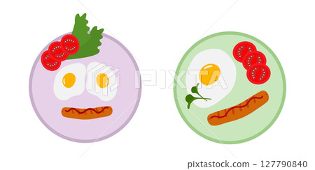 Hand Drawn Fried eggs and sausage and tomato slices on plate Breakfast or Motivation design idea Set 127790840