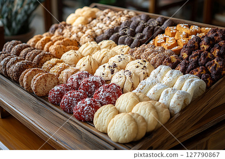 Variety of bakes, cookies and biscotti in on a wooden trading tray in cafe. 127790867