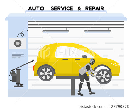 Auto service and repair center with mechanic working on yellow car illustration background Auto service and repair center with mechanic working on yellow car illustration background 127790878