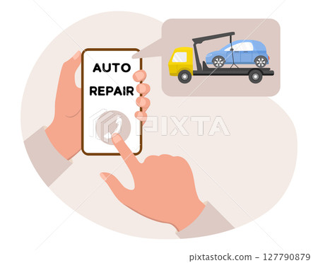Auto repair concept with hands holding smartphone and tow truck illustration in speech bubble Auto repair concept with hands holding smartphone and tow truck illustration in speech bubble 127790879