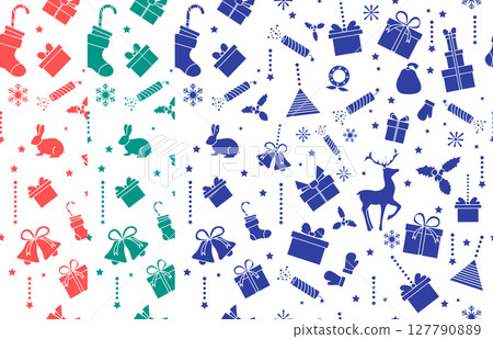 Christmas patterns with stockings, gifts, deer, and more in red, blue, green on white background Christmas patterns with stockings, gifts, deer, and more in red, blue, green on white background 127790889