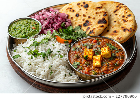 Indian Tiffin lunch box. Traditional Indian stainless steel tiffin with rice, dal, paneer curry and naan bread. 127790900