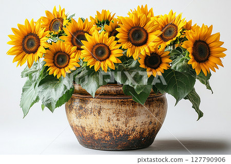 Ceramic vase in an antique style. Sunflower plant in ceramic pot with yellow flowers on a white background. Cottage garden. Ceramic vase in an antique style. Sunflower plant in ceramic pot with yellow flowers on a white background. Cottage garden. 127790906
