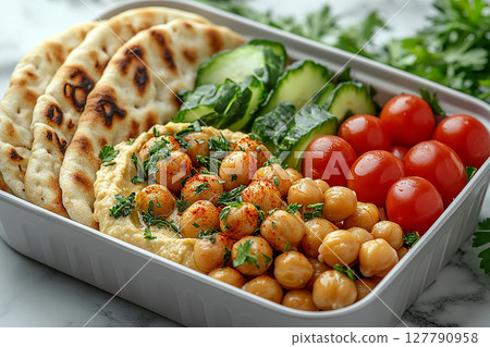 Plant based lunch box with hummus, roasted chickpeas, fresh veggie sticks and whole wheat pita bread on. Plant based lunch box with hummus, roasted chickpeas, fresh veggie sticks and whole wheat pita bread on. 127790958