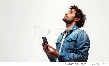 young man in denim jacket looking up while holding a smartphone 127791153