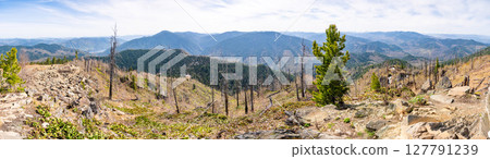 Panoramic view from Mount Kokuya at Teletskoye Ski Resort. Spring landscape with snow and mountains in Altai, Russia 127791239