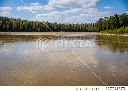 Wide view of the Biya River flowing through the Altai region of Russia. Concept of purity, natural power, and meditative stillness in untouched wilderness 127791275