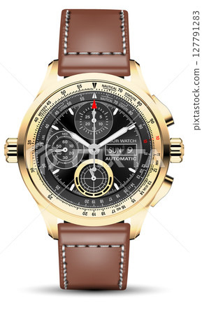 Realistic clock watch sport chronograph black gold steel brown leather for men luxury on white background object vector Realistic clock watch sport chronograph black gold steel brown leather for men luxury on white background object vector 127791283