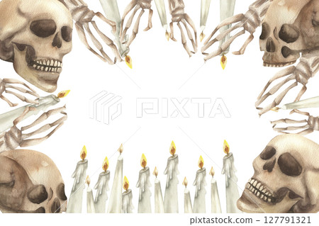 Halloween watercolor banner template with human skull,hands bones and white candles illustration. Hand drawn scary autumn festive frame,mexican dead day clipart for poster,card design Halloween watercolor banner template with human skull,hands bones and white candles illustration. Hand drawn scary autumn festive frame,mexican dead day clipart for poster,card design 127791321