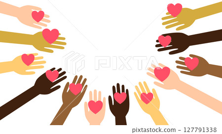Illustration of hands of various skin tones holding a heart 127791338