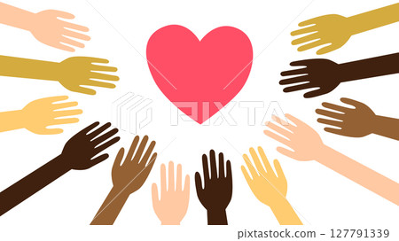 Illustration of hands of various skin tones reaching out towards a heart in the center Illustration of hands of various skin tones reaching out towards a heart in the center 127791339