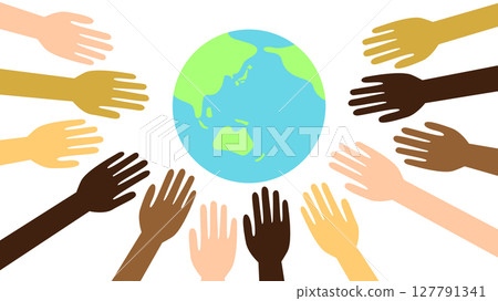 Illustration of hands of various skin tones reaching out towards the Earth in the center 127791341