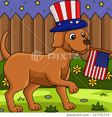 4th of July Dog Celebrating Colored Cartoon  127791374