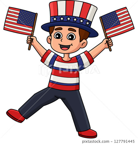 4th of July Boy with an American Flag Clipart  127791445