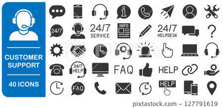 Customer Service and Support icon set. Support Icons Collection. Set contains Online Help, Helpdesk, Quick Response, Feedback. Vector illustration image. Isolated on white background. 127791619