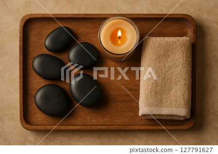 Spa composition with massage stones, burning candle and folded towel on wooden tray on beige background, top view Spa composition with massage stones, burning candle and folded towel on wooden tray on beige background, top view 127791627