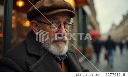 Close-up of senior man with white beard wearing glasses and brown cap sitting outdoors on city street in autumn Close-up of senior man with white beard wearing glasses and brown cap sitting outdoors on city street in autumn 127791646