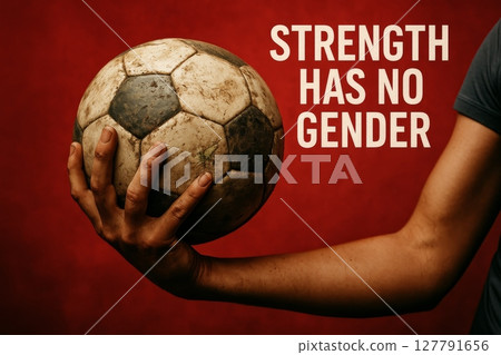 Hand holding dirty soccer ball against red background with motivational message about gender equality in sports Hand holding dirty soccer ball against red background with motivational message about gender equality in sports 127791656