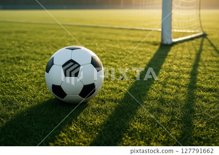 Soccer ball on green field near goalpost at sunset with long shadows, outdoor sports background Soccer ball on green field near goalpost at sunset with long shadows, outdoor sports background 127791662