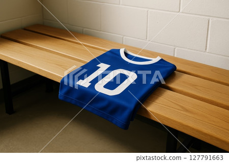 Blue soccer jersey with number 10 folded on wooden bench in locker room, sports uniform concept 127791663