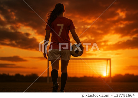 Female soccer player holding ball walking toward goal at sunset, back view silhouette on field Female soccer player holding ball walking toward goal at sunset, back view silhouette on field 127791664