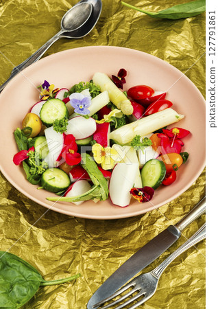 Asparagus salad with flowers. Asparagus salad with flowers. 127791861