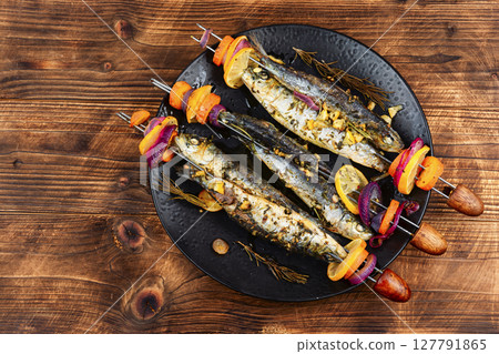 BBQ Sardines and Vegetable Kabobs. BBQ Sardines and Vegetable Kabobs. 127791865