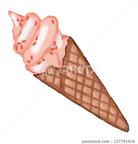 Hand drawn illustration of ice cream in brown cone, retro vintage style. Pink mint yellow round shape with chocolate, sweet tasty summer holiday food, fun design for colorful beach art. 127791920