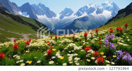 Mountain and wildflower landscape: AI-generated image 127791964