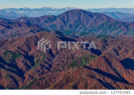 Late autumn mountain ranges, Mount Goseitai and the Southern Alps as seen from Hinokihoramaru in Tanzawa 127791991