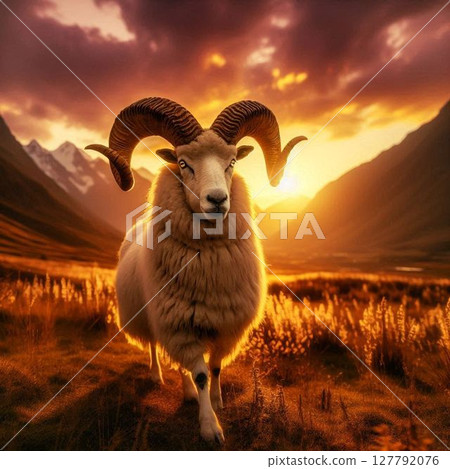 Goat standing on a hill at dusk 127792076