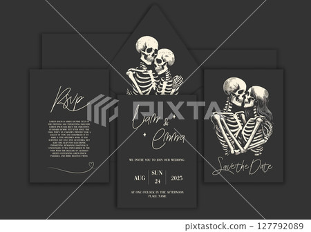Wedding invitation with skeleton lovers. Save the date. Wedding illustration. Vector Illustration with Skulls of Bride and Groom. 127792089
