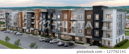 Contemporary townhouses are lit by streetlights while rain falls on their roofs, creating a serene atmosphere at night 127792141