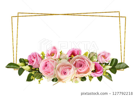 Pink roses and eustoma flowers with yellow limonium in a line floral arrangement with golden  geometric frame isolated on white 127792218