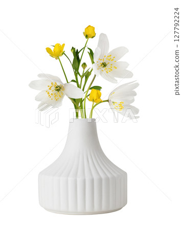 Small bouquet of wild anemones and wild ranunculus flowers in a ceramic vase isolated on white Small bouquet of wild anemones and wild ranunculus flowers in a ceramic vase isolated on white 127792224