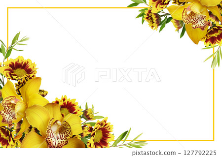Yellow orchid flowers and chrysanthemums in a corner floral arrangements with frame isolated on a white Yellow orchid flowers and chrysanthemums in a corner floral arrangements with frame isolated on a white 127792225