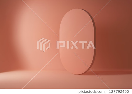 Minimal coral backdrop with vertical rounded stage element 127792400