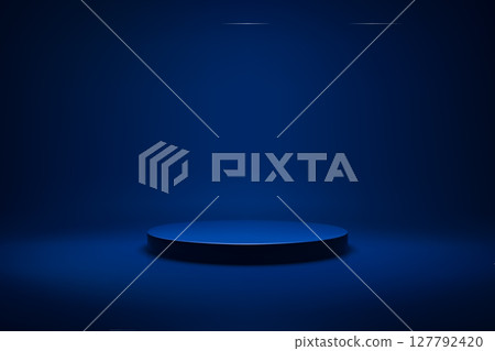 Dark blue round podium in spotlight with gradient lighting Dark blue round podium in spotlight with gradient lighting 127792420
