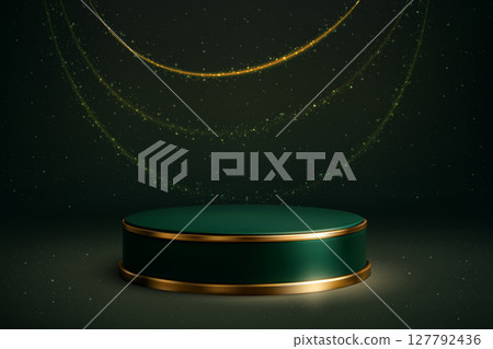 Green podium with golden edge on sparkling dark background Green podium with golden edge on sparkling dark background 127792436