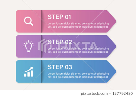 Three vertical step infographic cards with ribbon icons Three vertical step infographic cards with ribbon icons 127792480