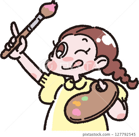 Illustration of a girl holding a palette and paintbrush Illustration of a girl holding a palette and paintbrush 127792545