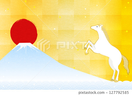 2026 Year of the Horse New Year's card, Horse, Mt. Fuji, first sunrise and waves, New Year's postcard material 127792585