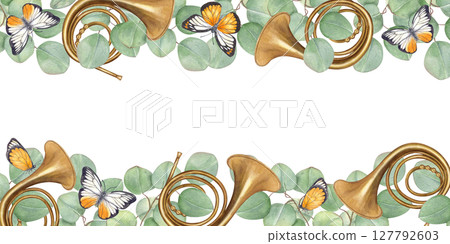 French horn, eucalyptus branches and fluing butterflies watercolor horizontal frame isolated background. Music floral border with copy space for text. For festival decor, concert invitation 127792603
