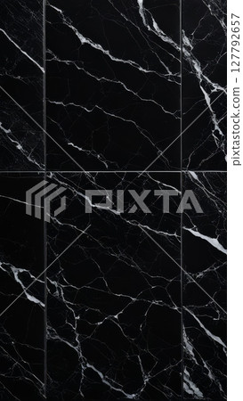 Black marble tiles with white veins, glossy surface with natural pattern, seamless texture for interior and architectural design 127792657
