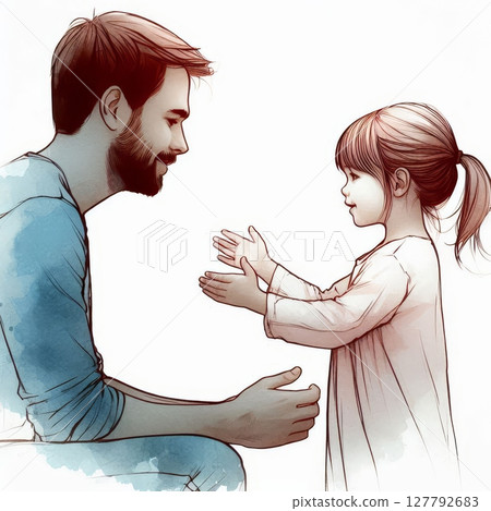 Father and daughter playing together. Hand-drawn digital illustration with watercolor effect. Family bonding and childhood happiness concept 127792683