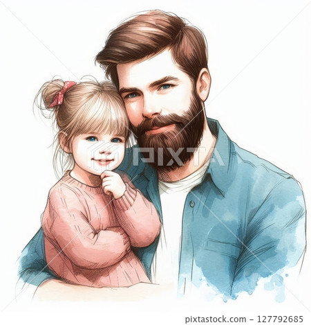 Father with beard and daughter in pink sweater smiling. Watercolor and pencil digital illustration of happy family moment 127792685